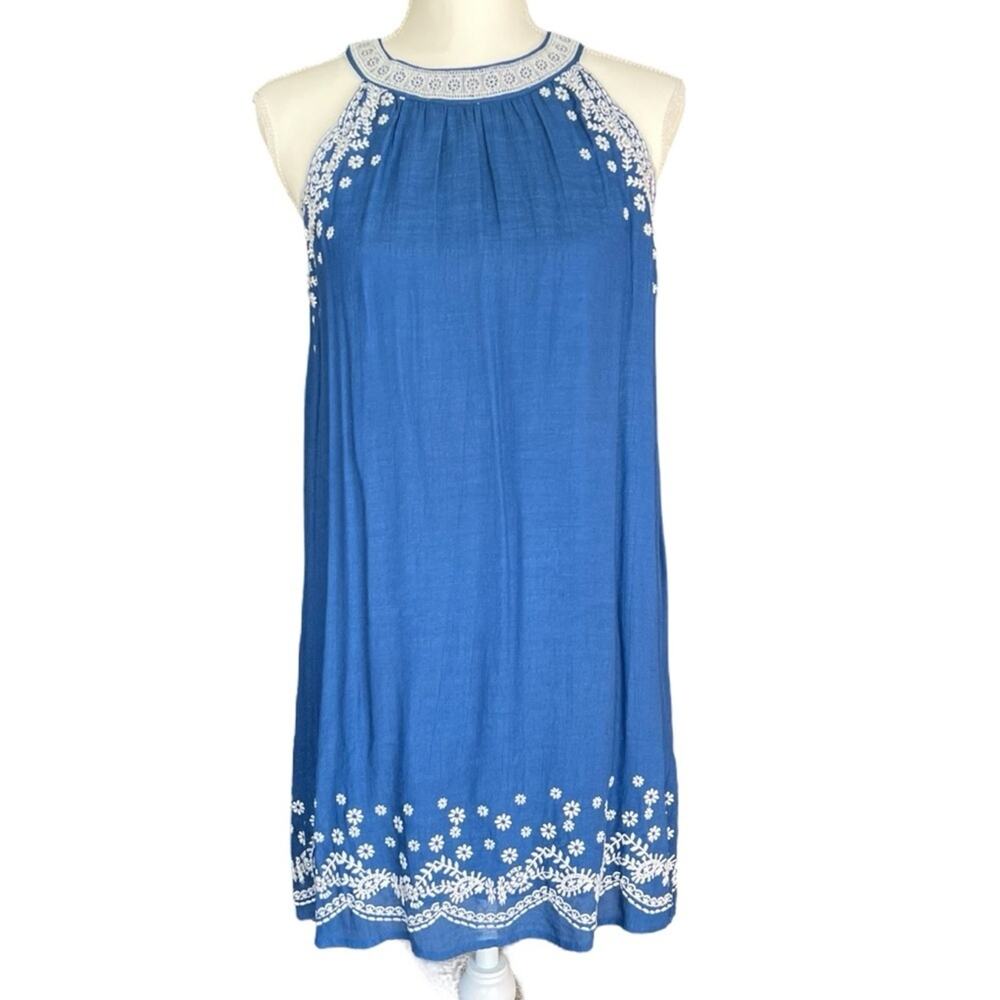 THML Anthropologie Embroidered Blue and White Midi Dress Size SP